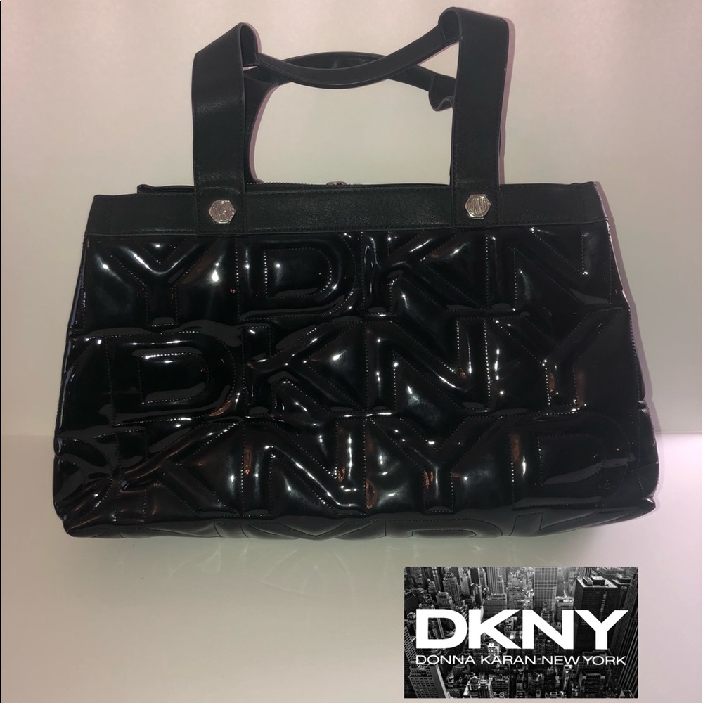 DKNY Donna Karan Logo Black Patent Handbag Purse